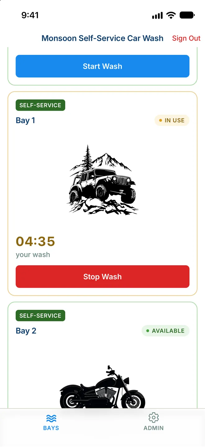 A self-service car wash bay in use in the MonsoonOS app, with the wash timer and a Stop Wash button