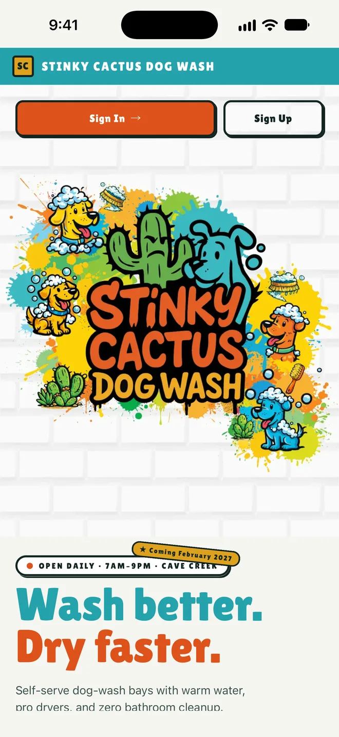 Stinky Cactus Dog Wash app home screen with its mural, sign-in buttons and a Coming February 2027 sticker