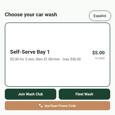 Rain Pay terminal showing Self-Serve Bay 1 at $5.00 to start, with Join Wash Club, Fleet Wash and promo code buttons