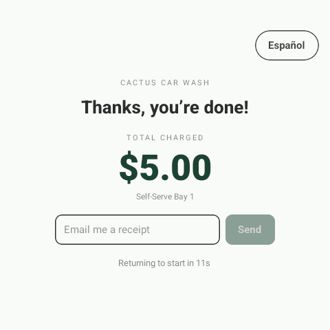 Rain Pay terminal thank-you screen with the total charged and a field to email a receipt
