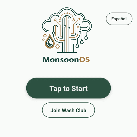 Rain Pay terminal start screen with Tap to Start, Join Wash Club and Español buttons