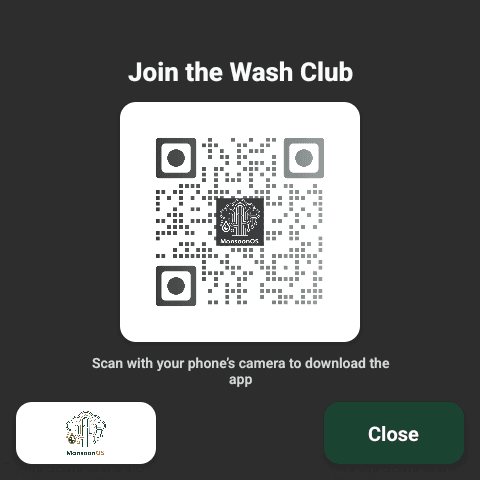 Rain Pay terminal showing a Join the Wash Club QR code to download the app