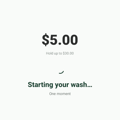 Rain Pay terminal showing $5.00 with a hold up to $30.00 while the wash starts