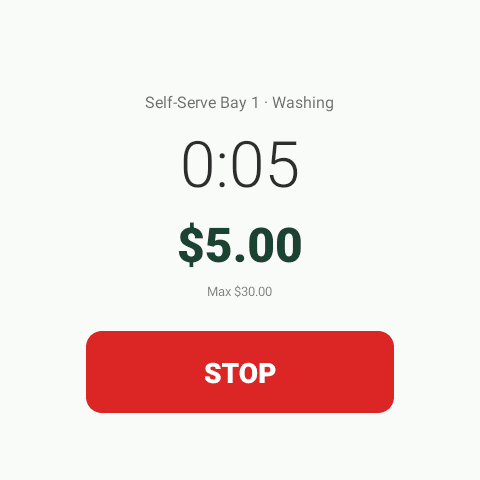 Rain Pay terminal running a wash timer with the amount, the $30.00 maximum and a Stop button
