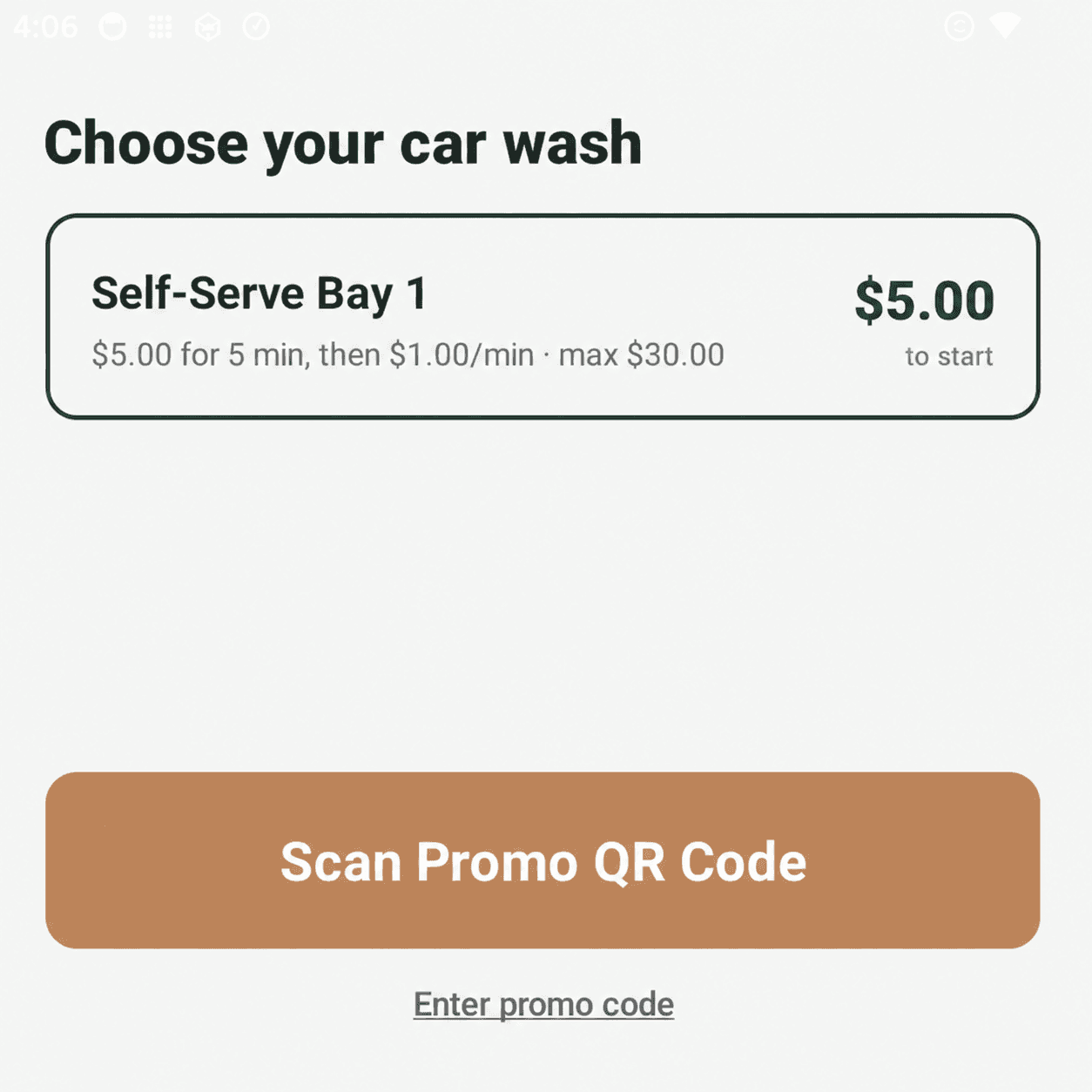 Rain Pay terminal showing a self-serve bay and the price to start