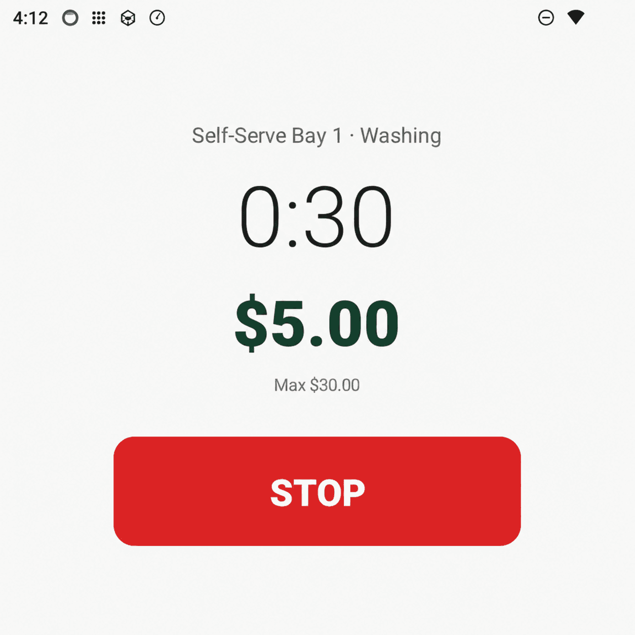 Rain Pay terminal running a live wash timer with a Stop button
