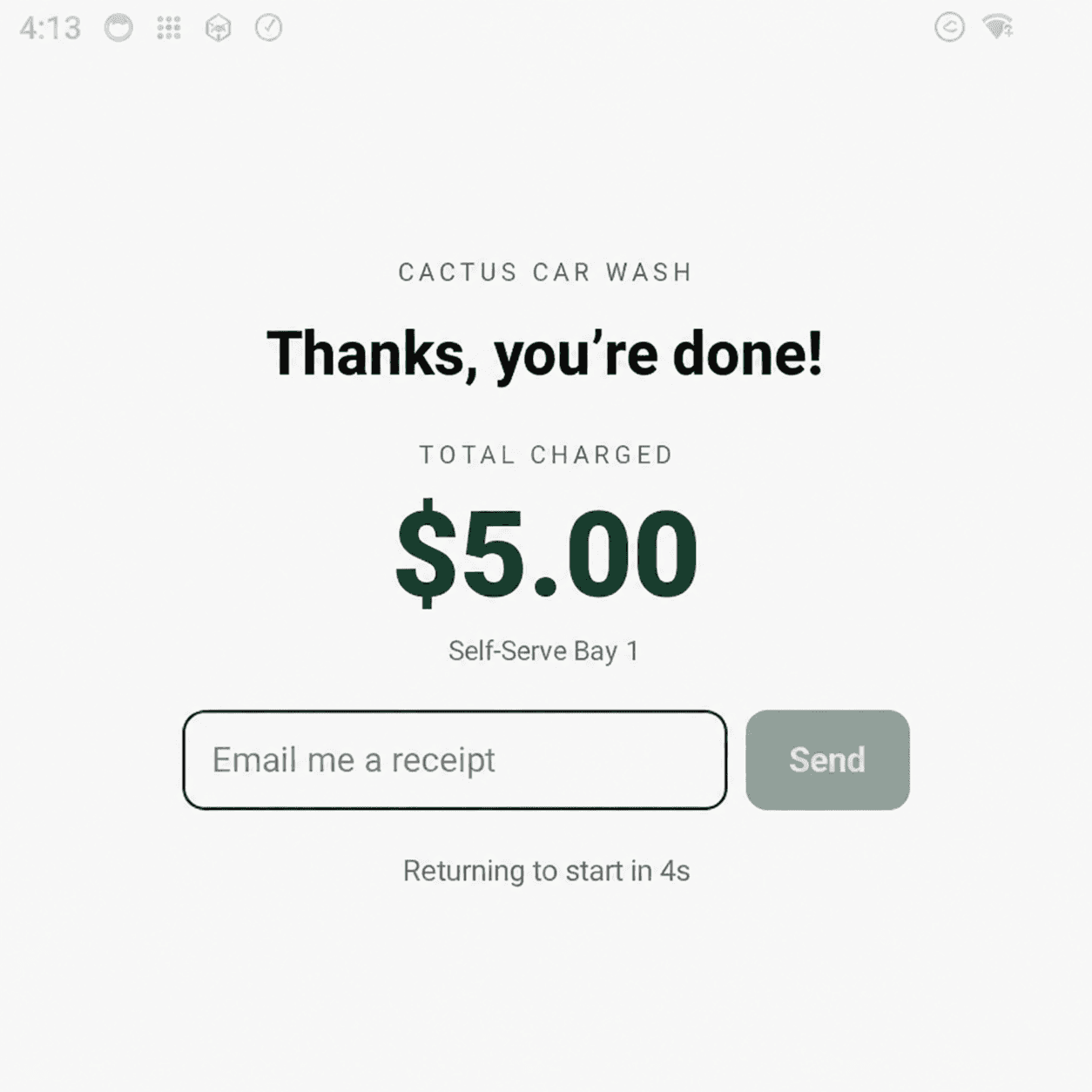 Rain Pay terminal thank-you screen showing the total charged and an emailed-receipt option