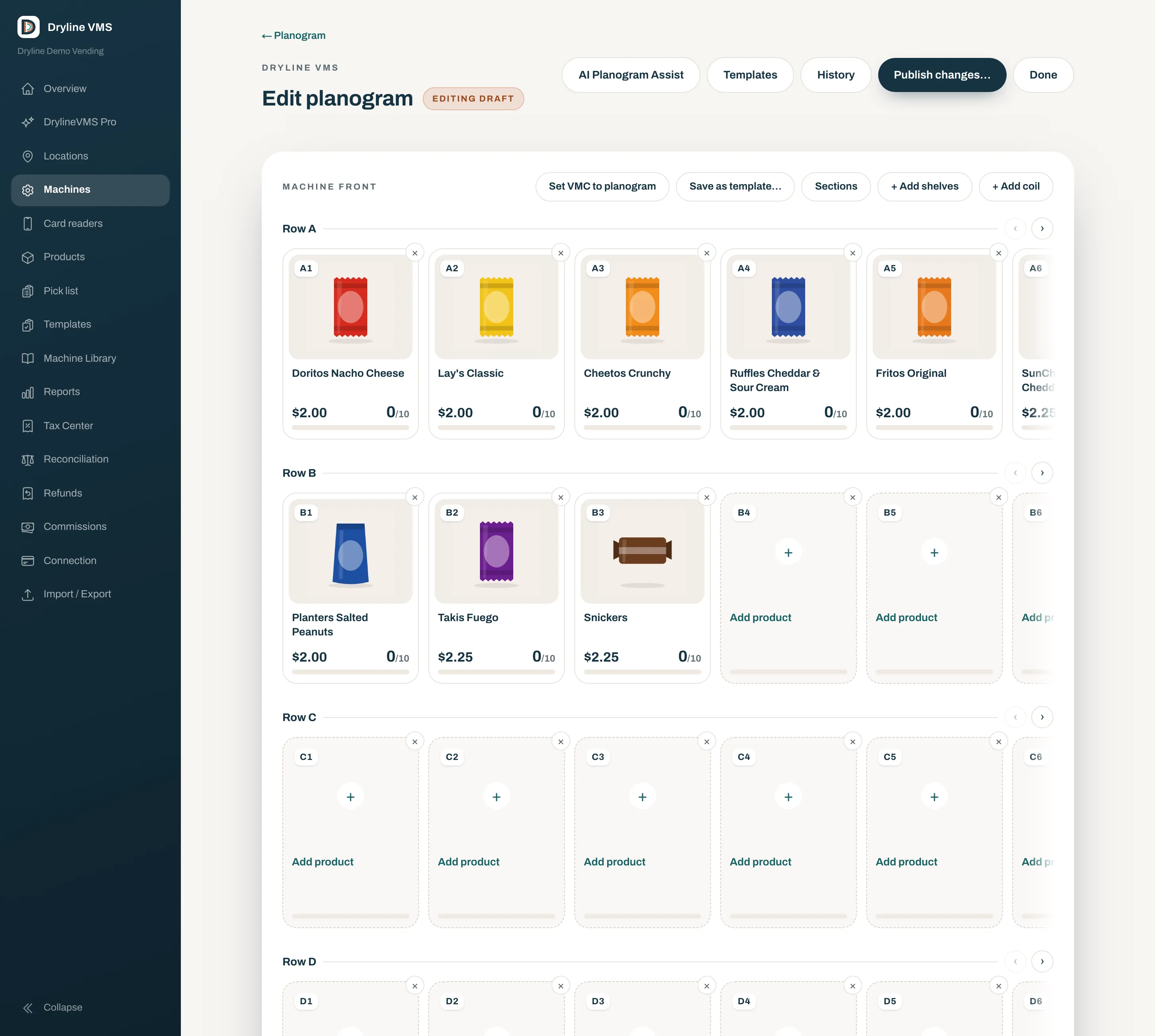 Dryline VMS planogram editor: a new machine’s selection grid part way through setup, where scanning a barcode fills each slot, with template, history, and publish controls