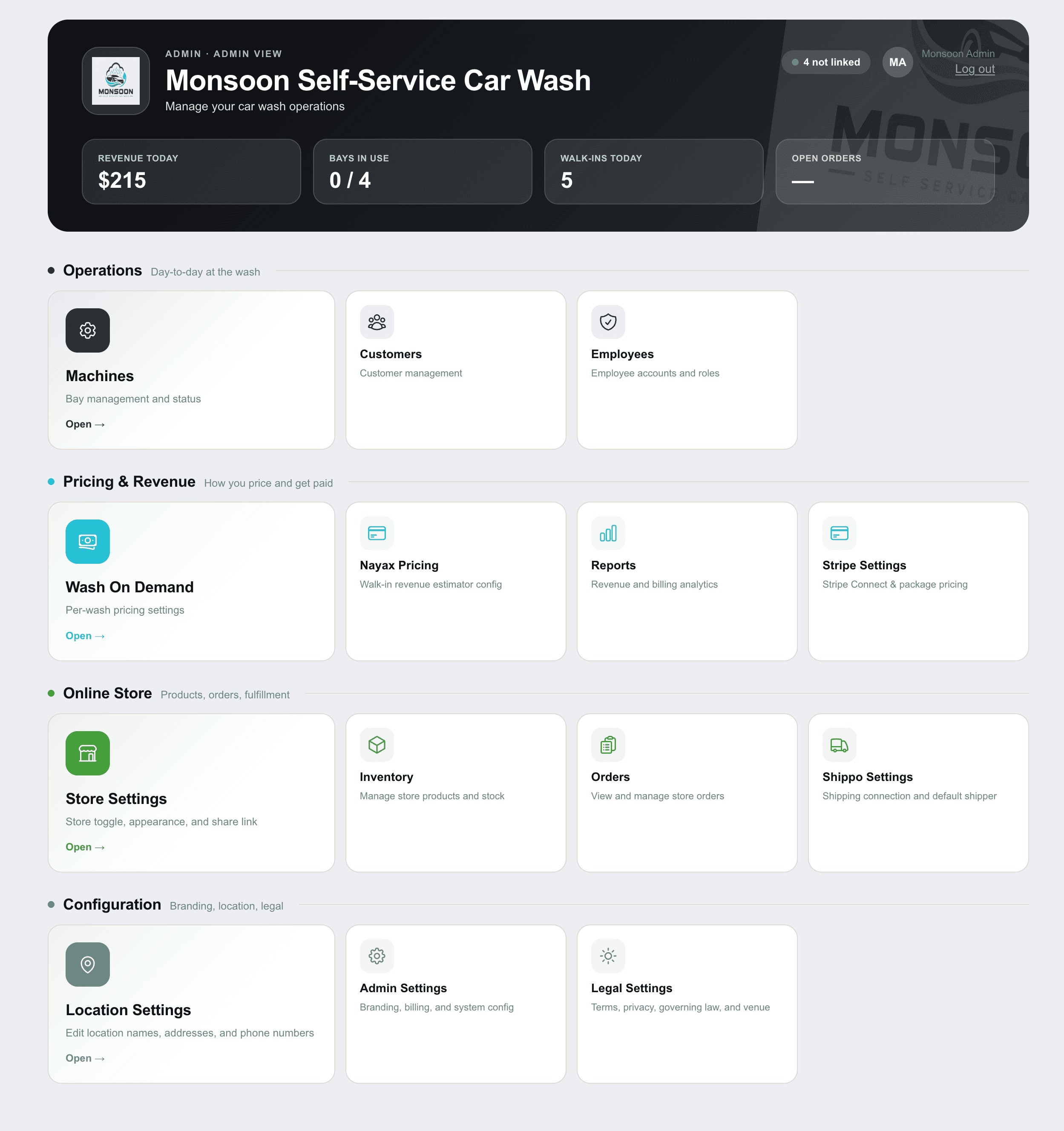 MonsoonOS admin home showing multi-location management with quick access to machines, customers, employees, reports, and settings