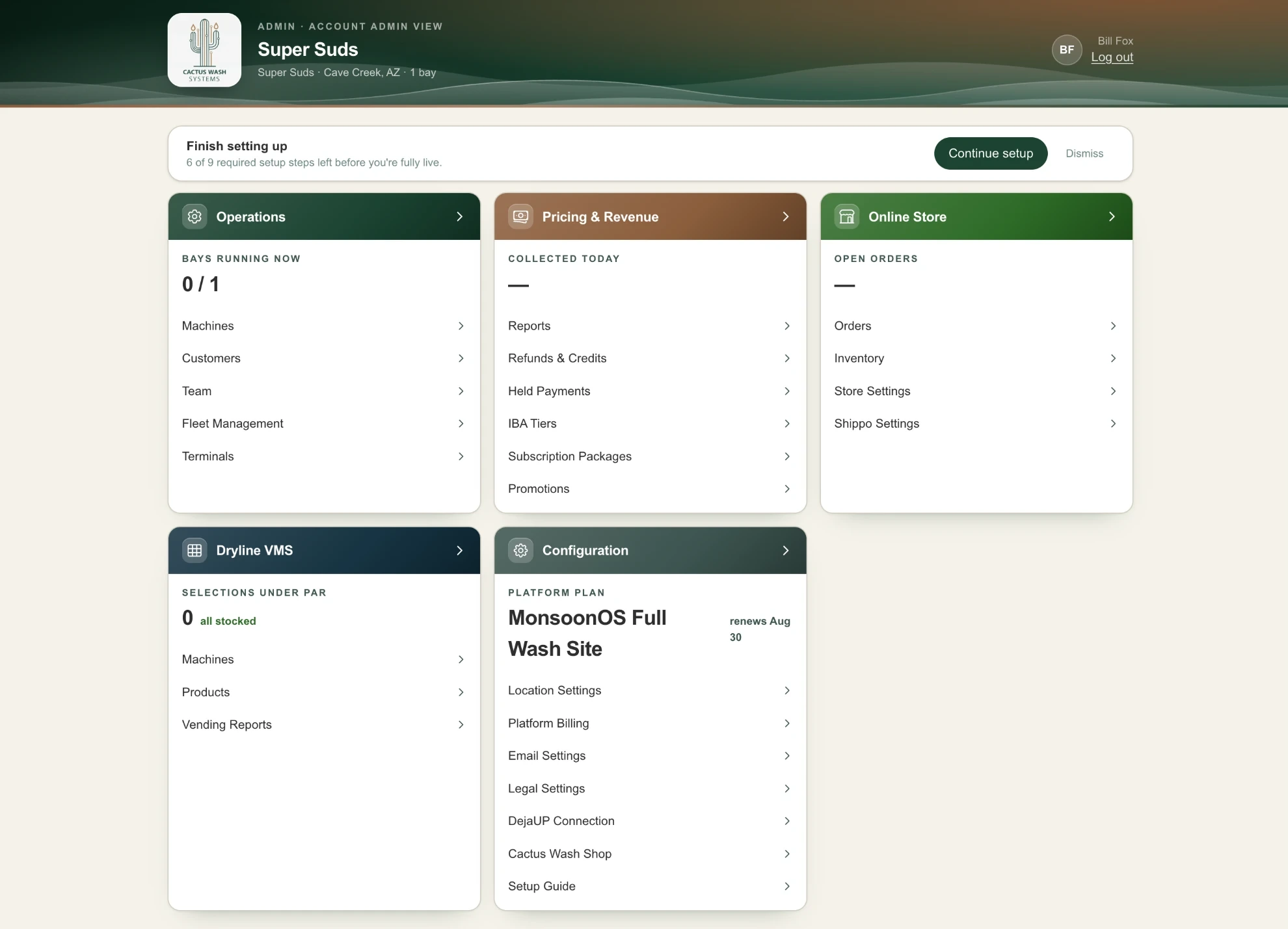MonsoonOS admin home with a setup checklist and Operations, Pricing & Revenue, Online Store, Dryline VMS and Configuration cards