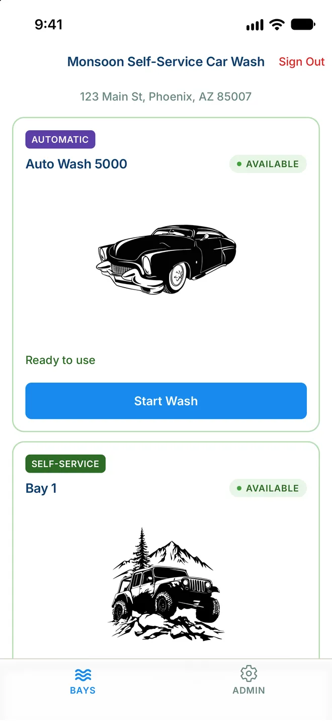 Customer view in the MonsoonOS app: an in-bay automatic and a self-serve bay, each available with a Start Wash button
