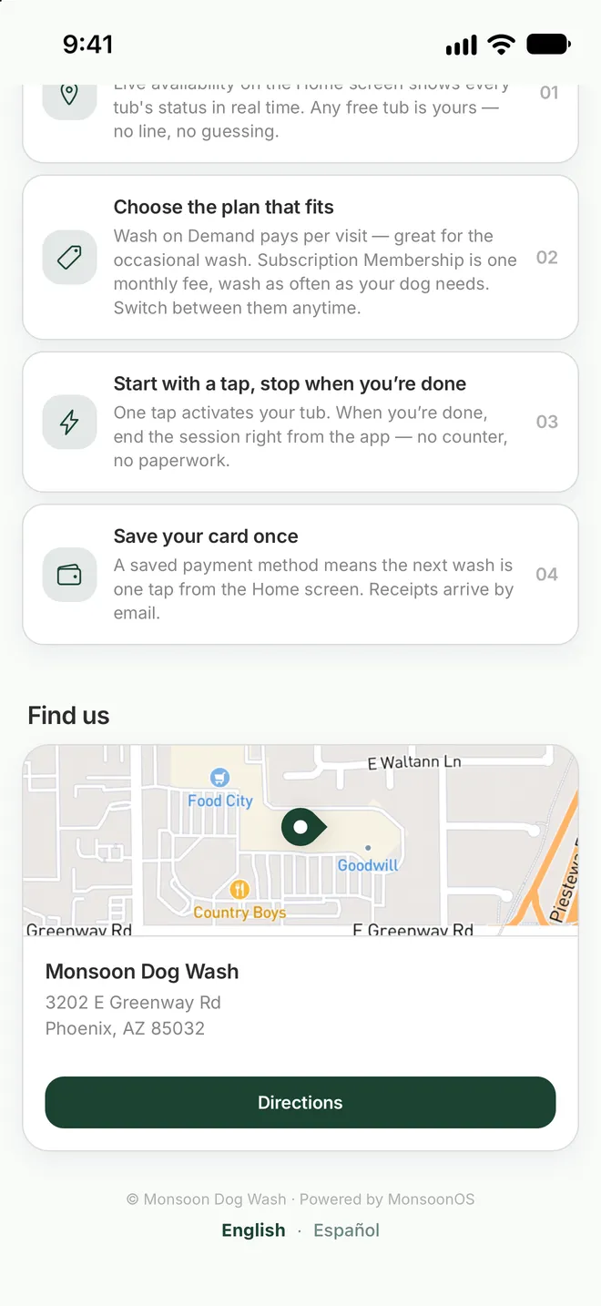 Monsoon Dog Wash page in the MonsoonOS app with how-to steps and a Find us map with its Phoenix address