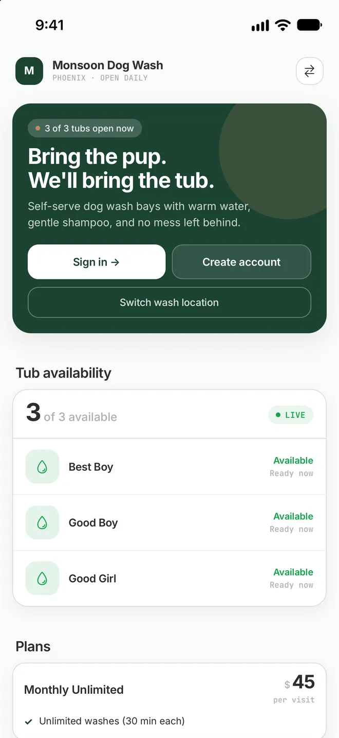 Customer view in the MonsoonOS app: the Monsoon Dog Wash home screen with Sign in and live tub availability