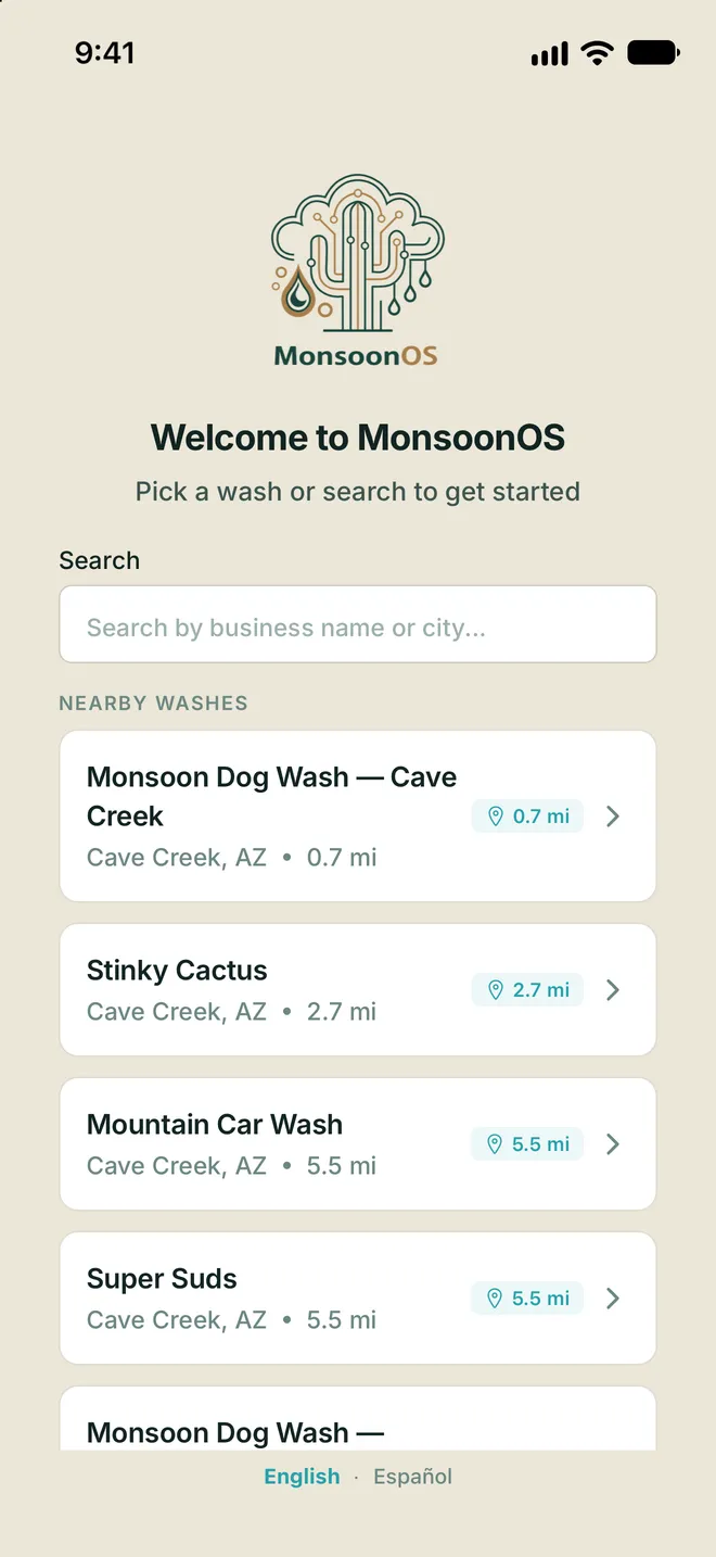 MonsoonOS app welcome screen with a search box and nearby washes, each with its distance
