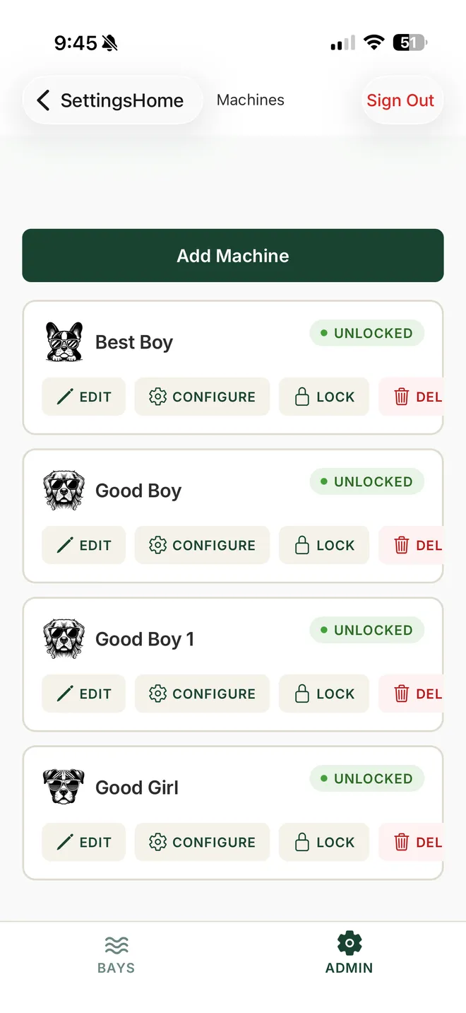 Mobile admin view showing machine list with edit, configure, and lock controls for each bay