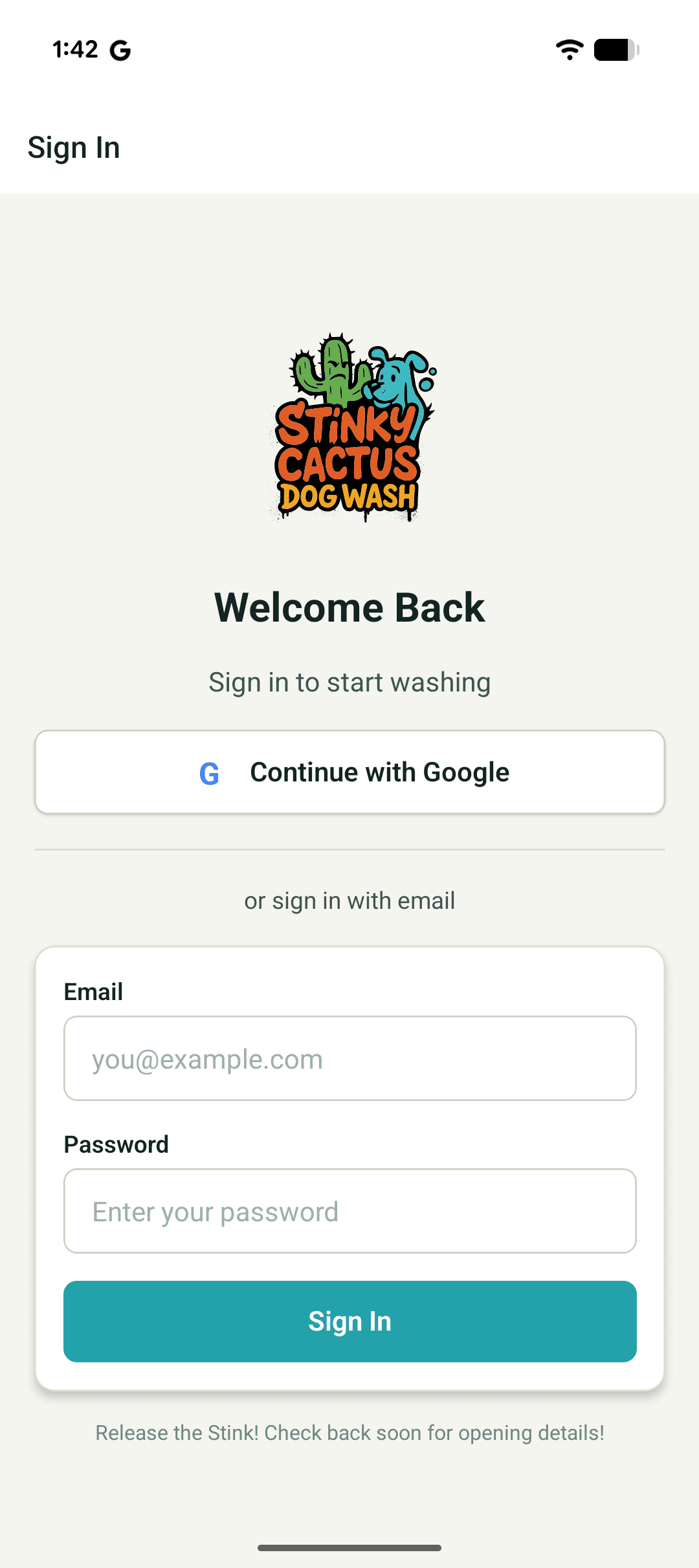 Stinky Cactus fully branded sign-in screen with custom logo, teal theme, and tagline