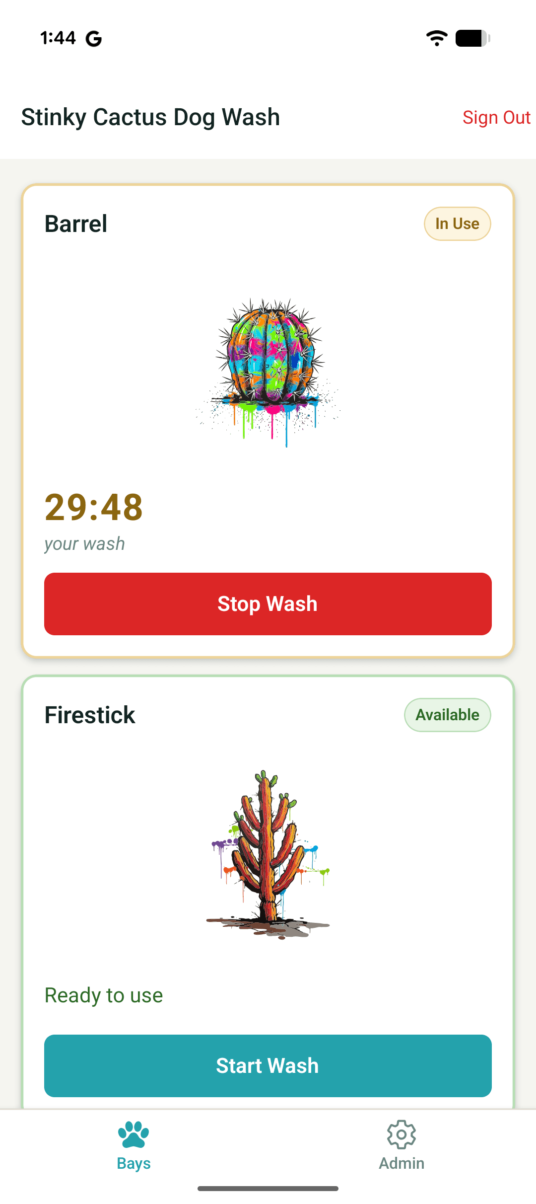 Branded mobile app showing an active wash session with custom bay art, countdown timer, and Stop Wash button