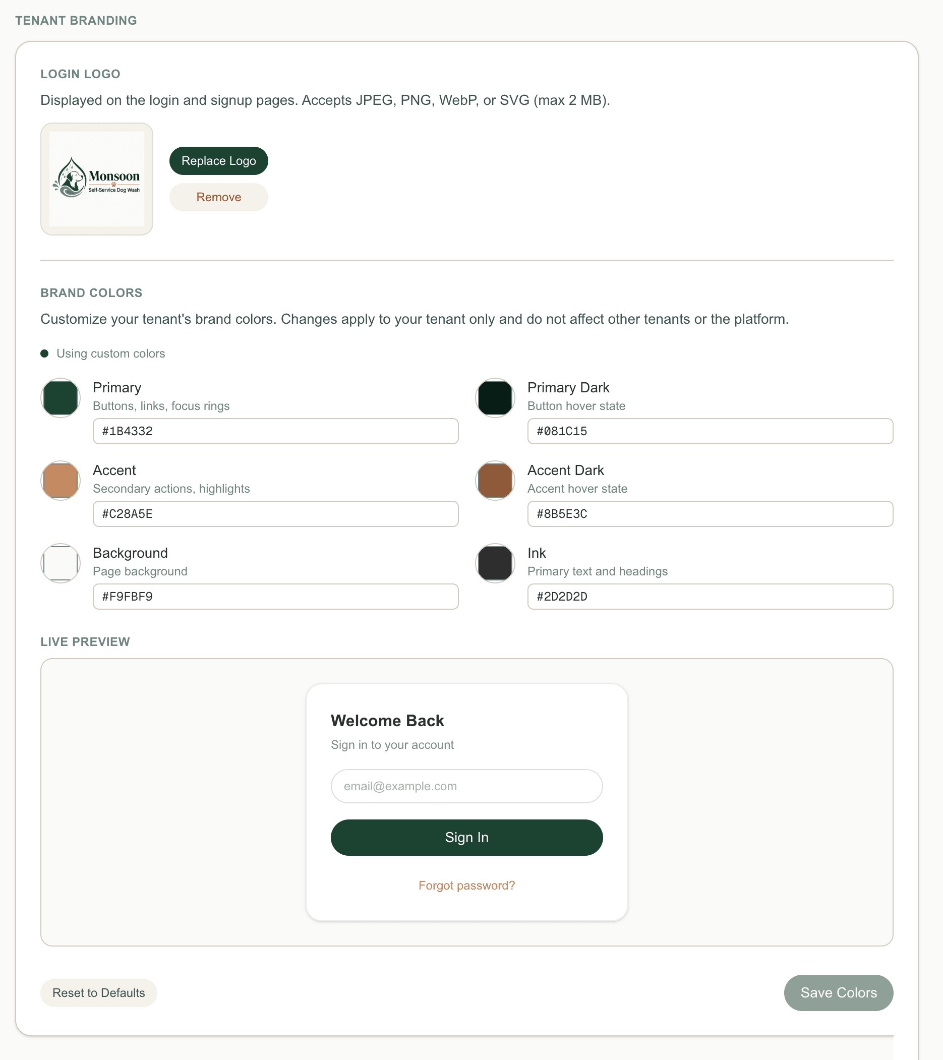 Tenant branding settings showing logo upload, brand color tokens, and a live login-screen preview
