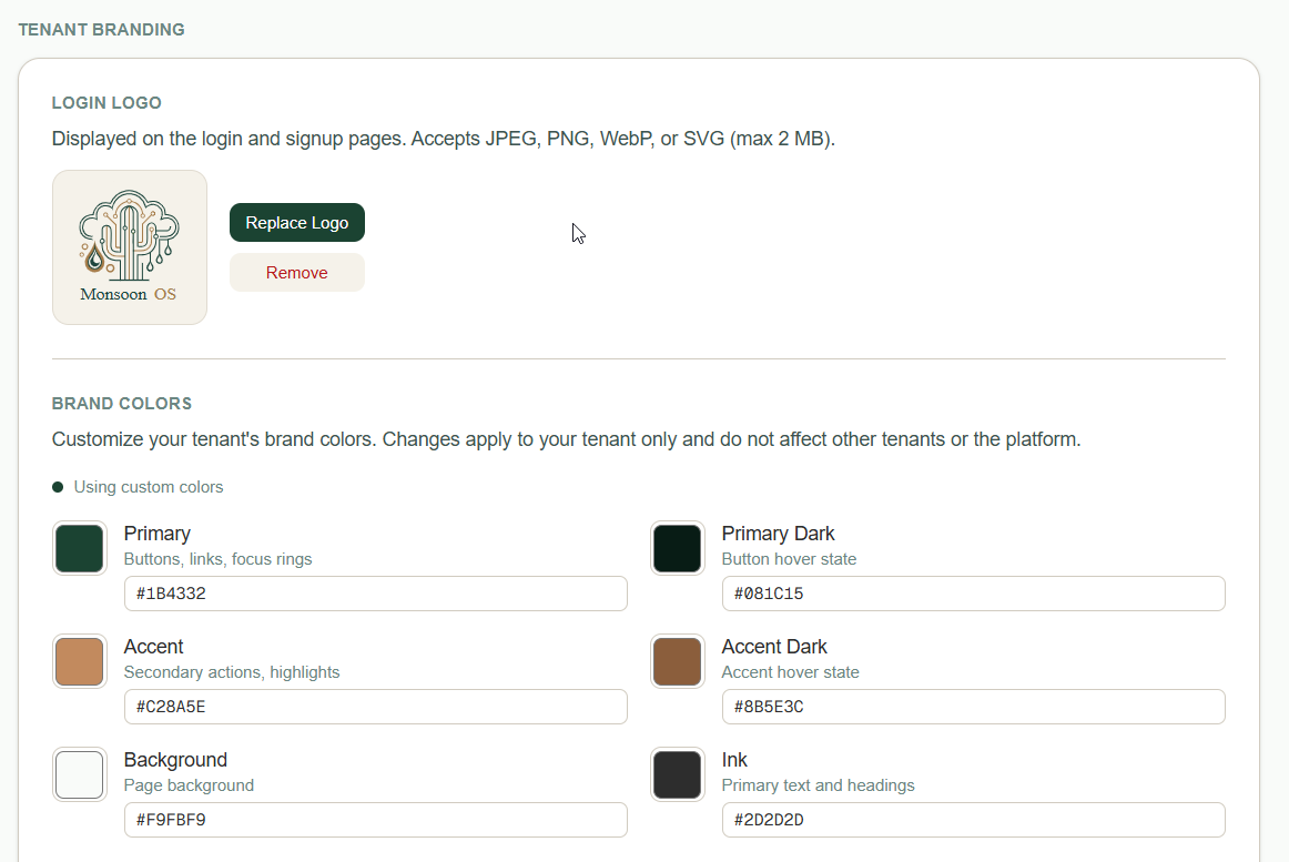 Tenant branding settings showing logo upload and custom brand color configuration