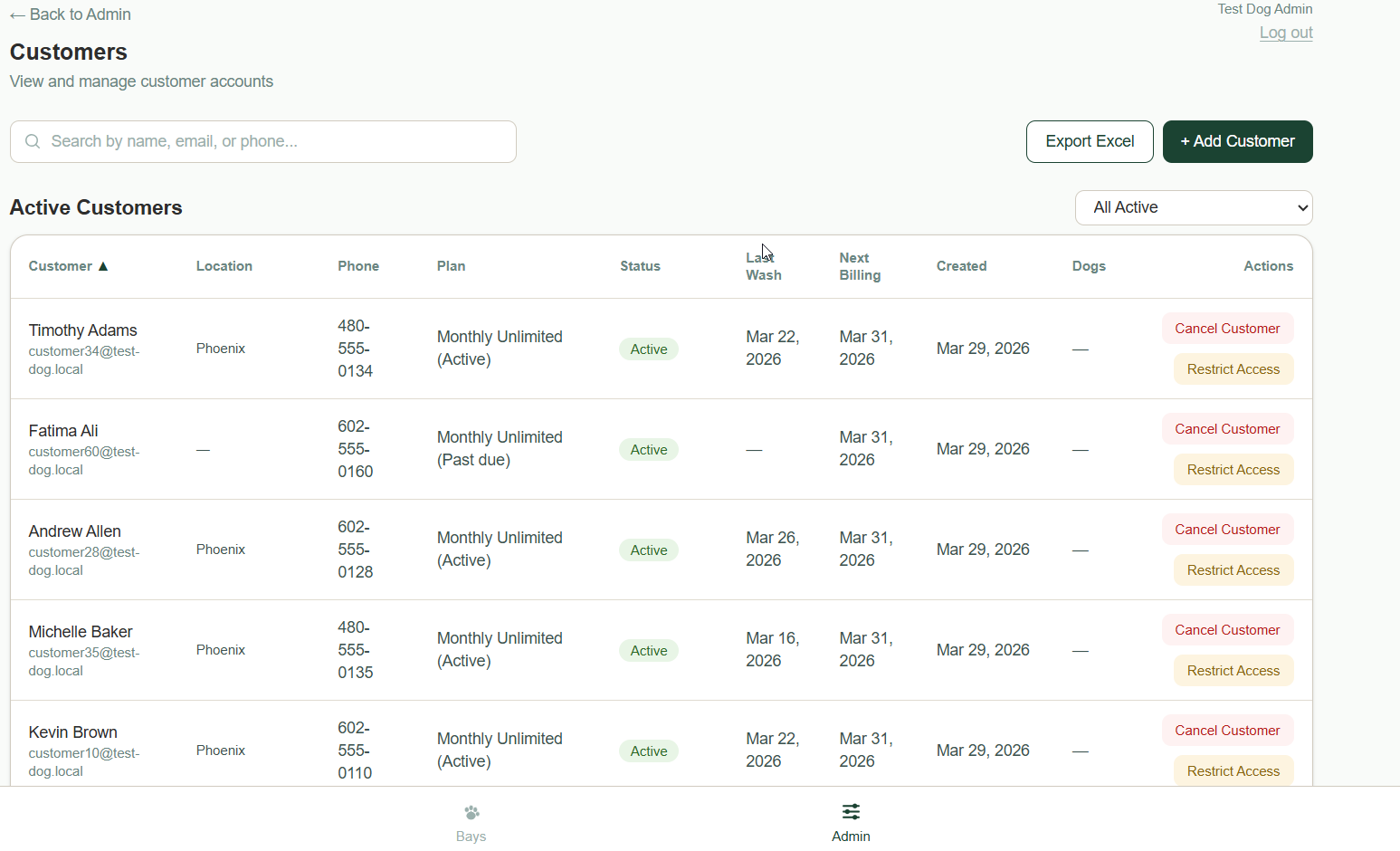Customer management table with columns for plan, status, last wash, next billing, and action buttons