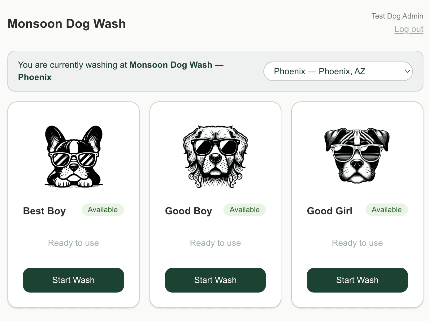 MonsoonOS operator view of self-serve dog wash stations