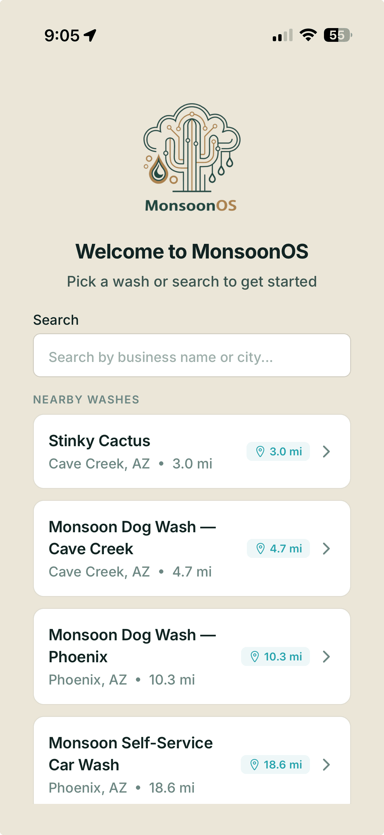 MonsoonOS welcome screen with nearby washes and distance to each