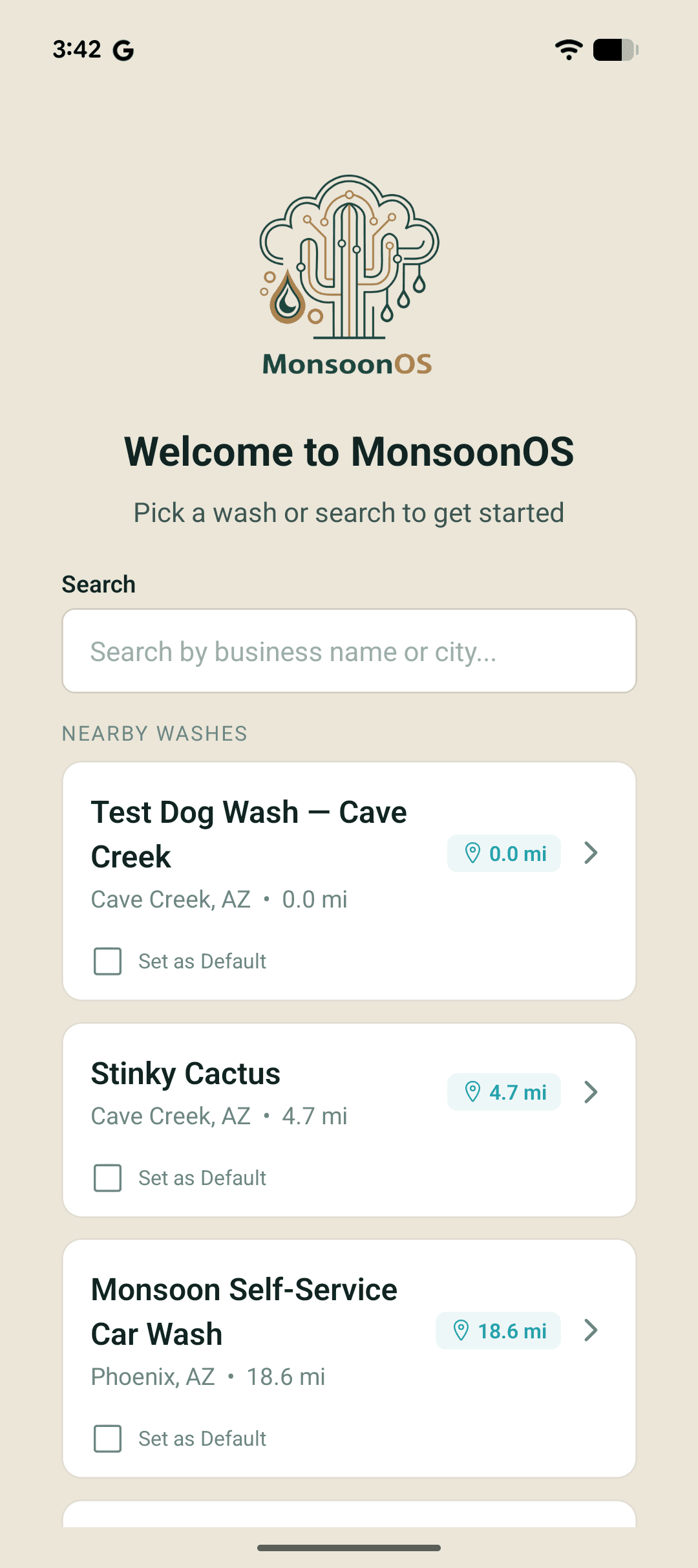 Mobile app location finder showing nearby wash businesses with distance in miles