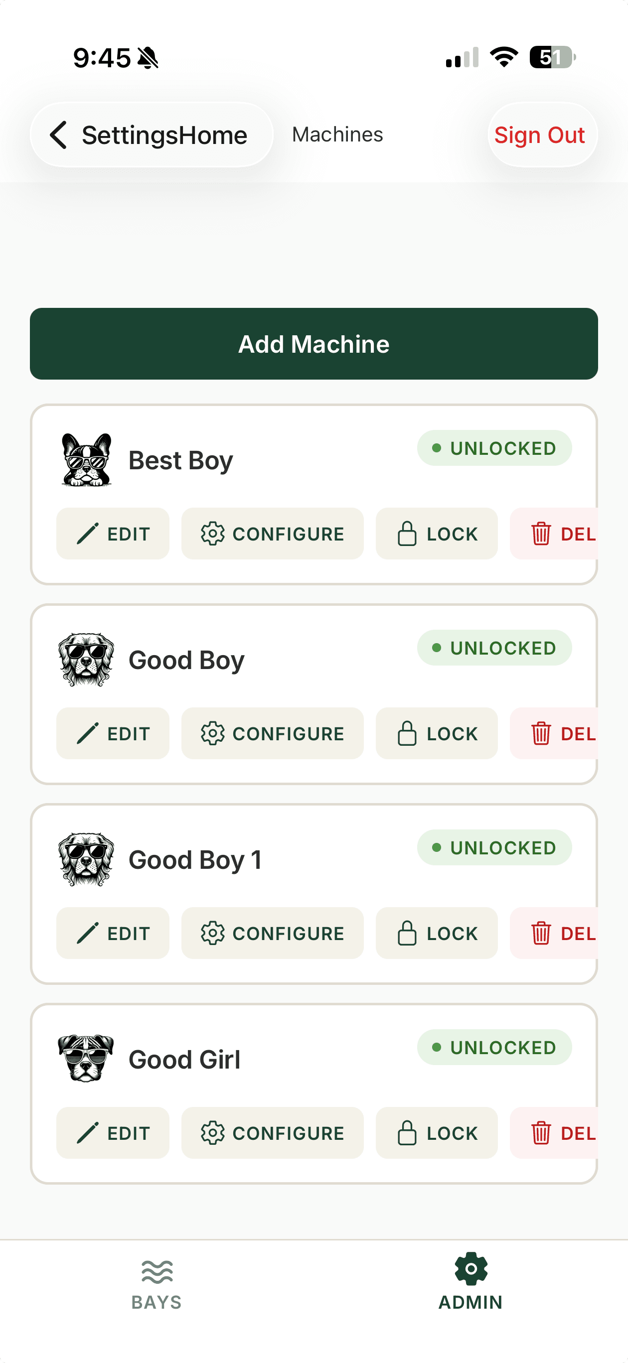 Mobile admin view showing machine list with edit, configure, and lock controls for each bay