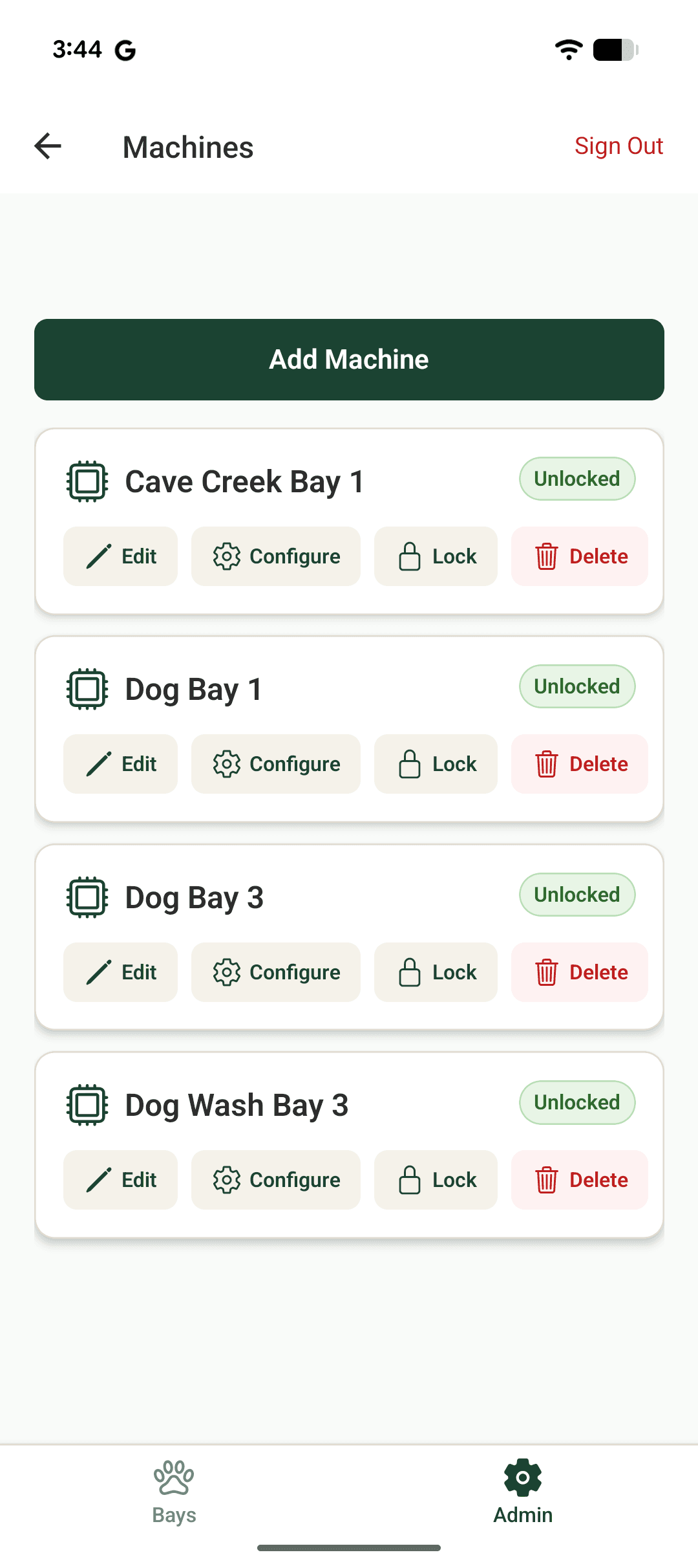Mobile admin view showing machine list with edit, configure, and lock controls for each bay