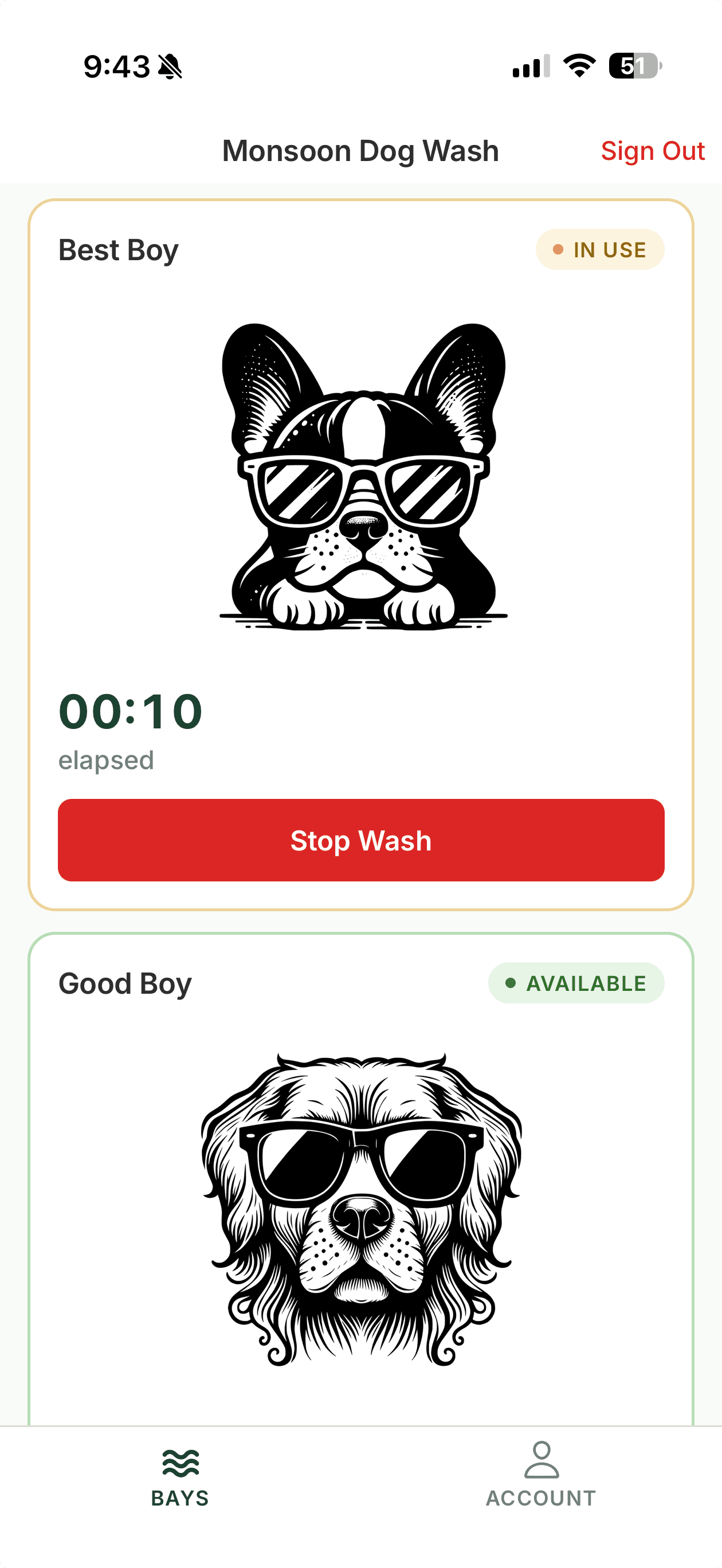 Mobile app showing an active wash session with custom bay art, countdown timer, and Stop Wash button