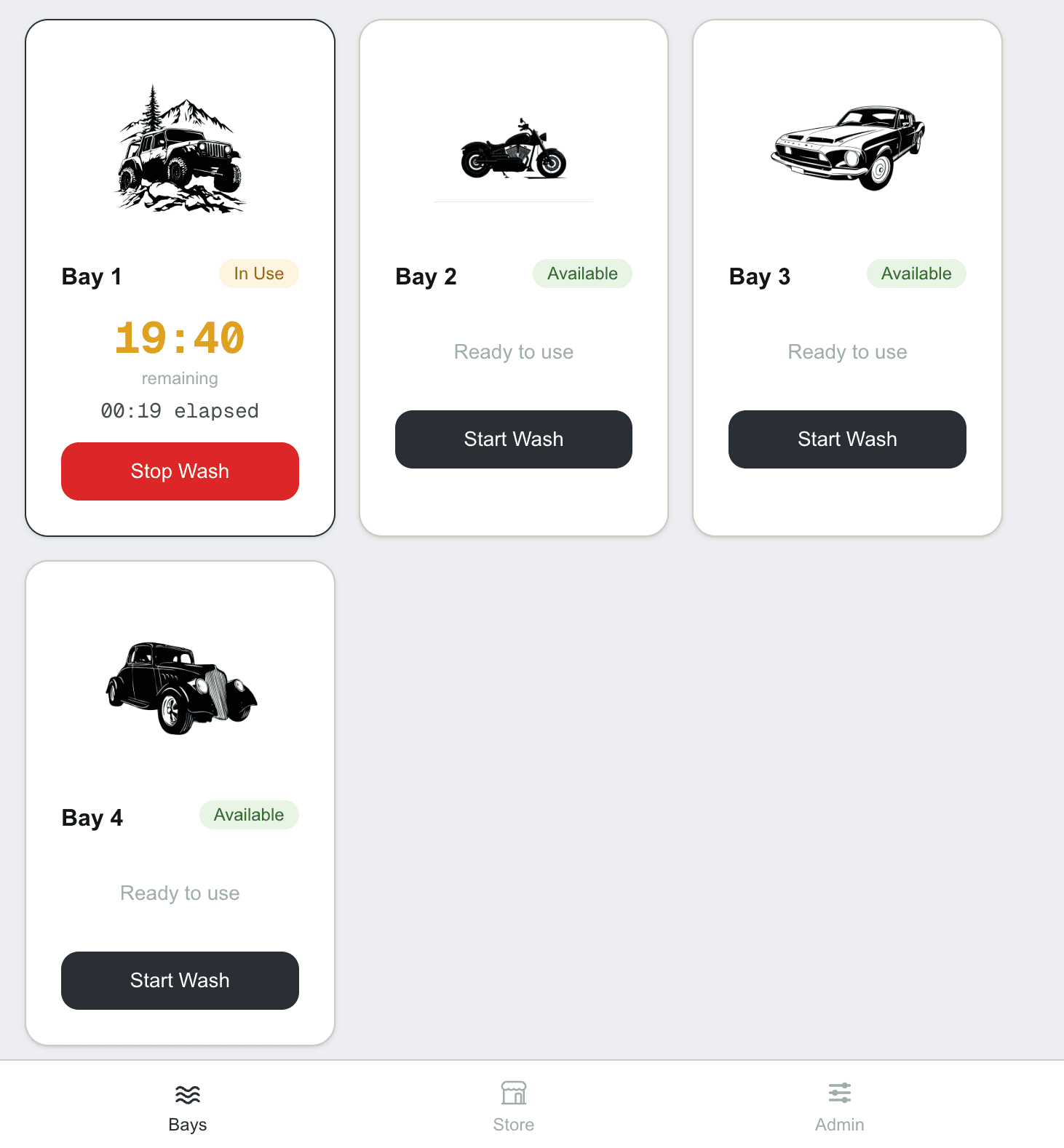 Operator wash-bay admin showing live status of every bay at the location