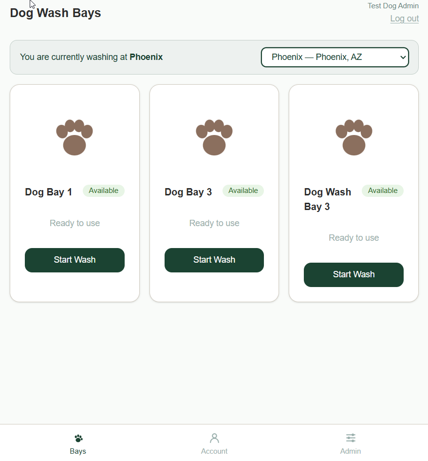 Customer-facing wash bay selection screen showing available dog wash bays with Start Wash buttons
