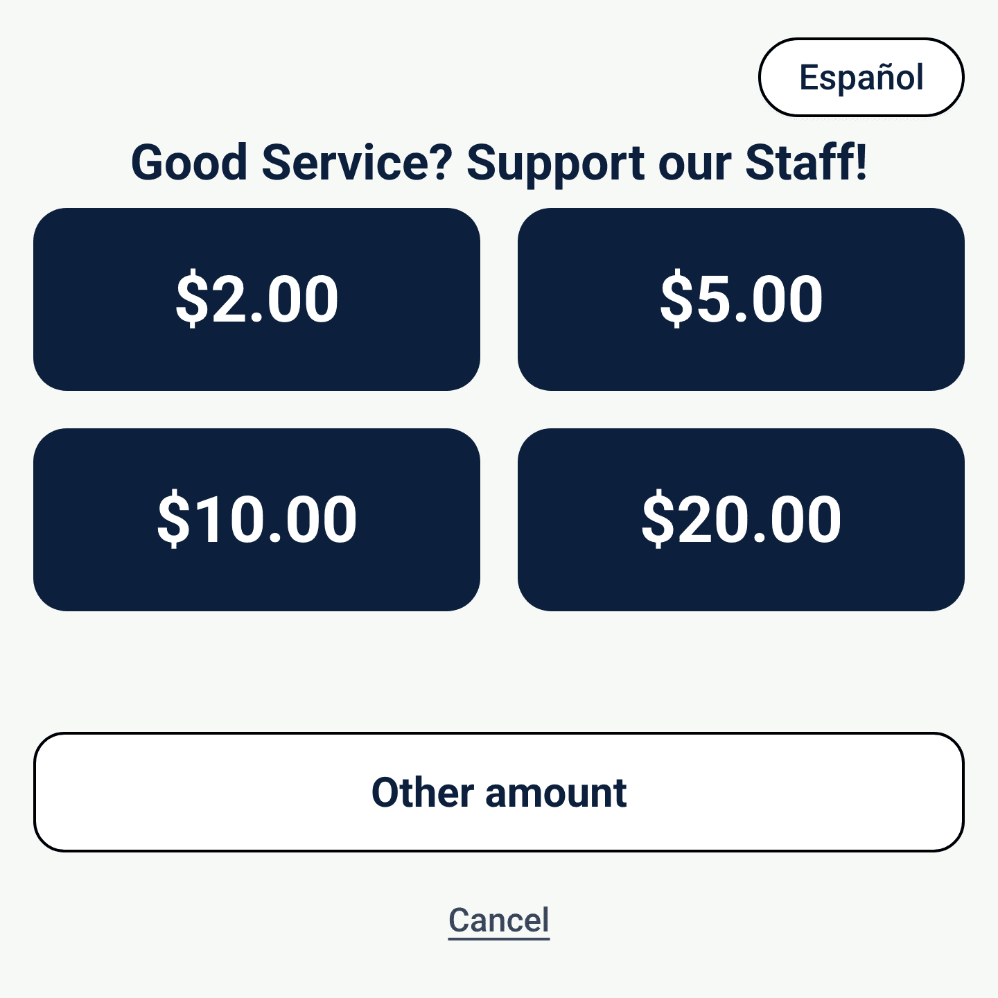 Tip Box amount screen showing $2, $5, $10, and $20 presets plus an other amount option