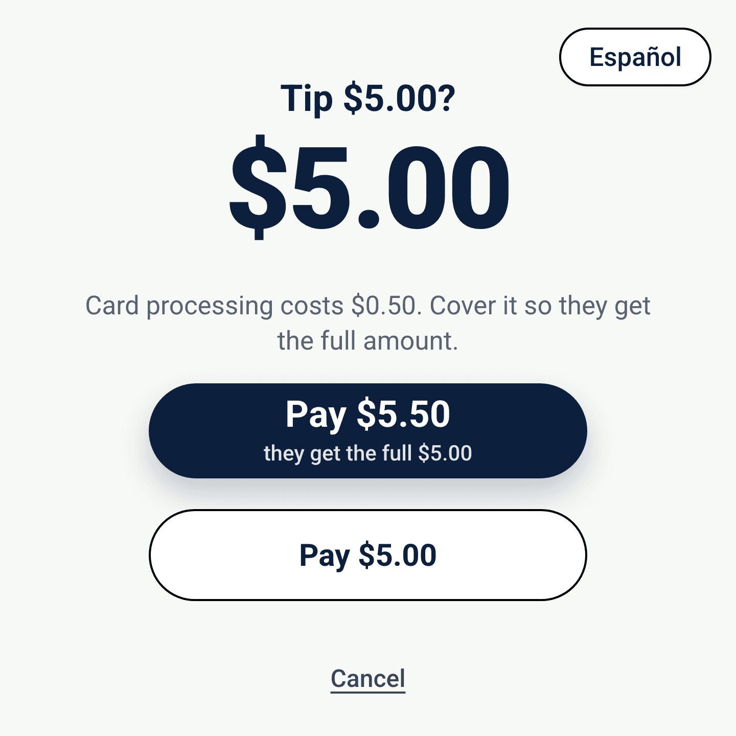 Tip Box confirmation screen showing the card processing cost and the option to cover it
